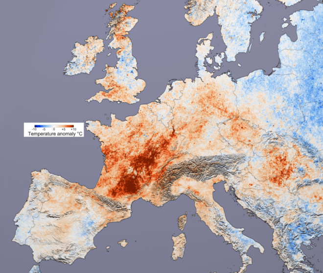 Average temperature anomaly July 20 – August 20 2003 (source: Reto Stockli and Robert Simmon, based upon data provided by the MODIS Land Science Team)