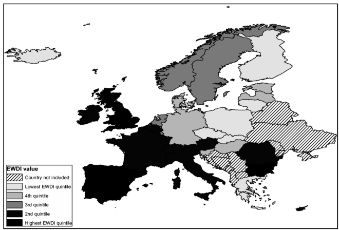Excess winter deaths over 9 years in Europe. Source: Excess Winter Deaths in Europe: a multi-country descriptive analysis. Source