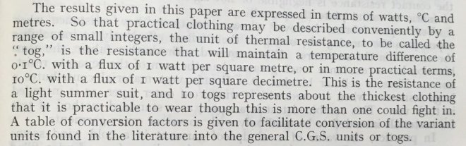 The first description of the tog. The transmission of heat through textile fabrics - part II' p.343 by F. T. Peirce and W. H. Rees Shirley Institute Memoirs, Vol XXII 1944-1945 